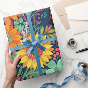 Abstract Boho Sunflowers Butterfly Wrapping Paper