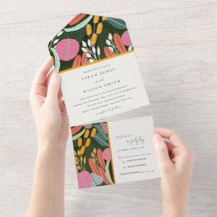 Abstract Bold Colourful Tropical Botanical Wedding All In One Invitation