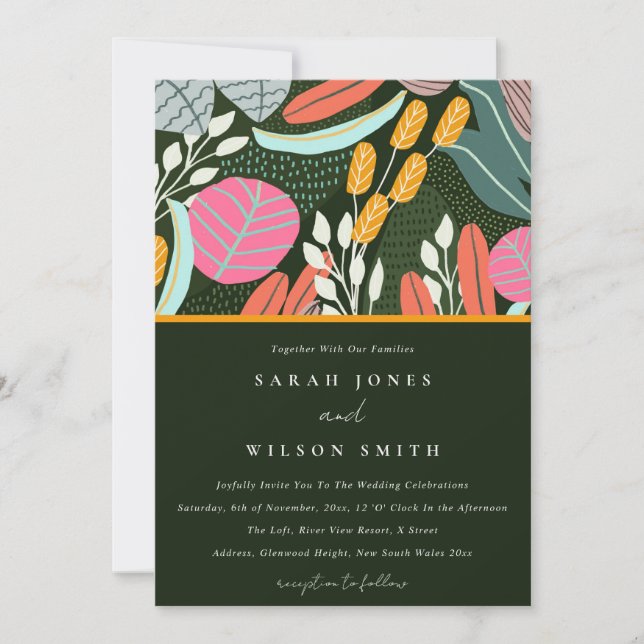Abstract Bold Colourful Tropical Botanical Wedding Invitation (Front)