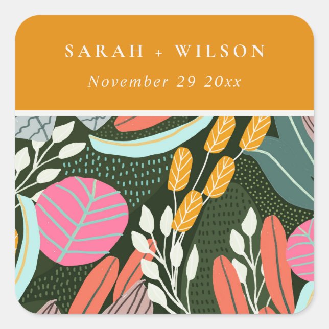 Abstract Bold Colourful Tropical Botanical Wedding Square Sticker (Front)
