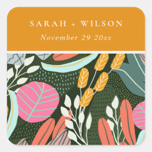 Abstract Bold Colourful Tropical Botanical Wedding Square Sticker