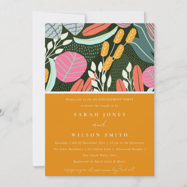 Abstract Bold Rustic Tropical Botanical Engagement Invitation (Front)