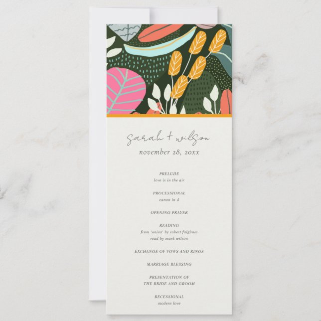Abstract Bold Tropical Botanical Wedding Program Invitation (Front)