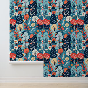 Abstract Botanical Blue and Coral Pattern Wallpaper