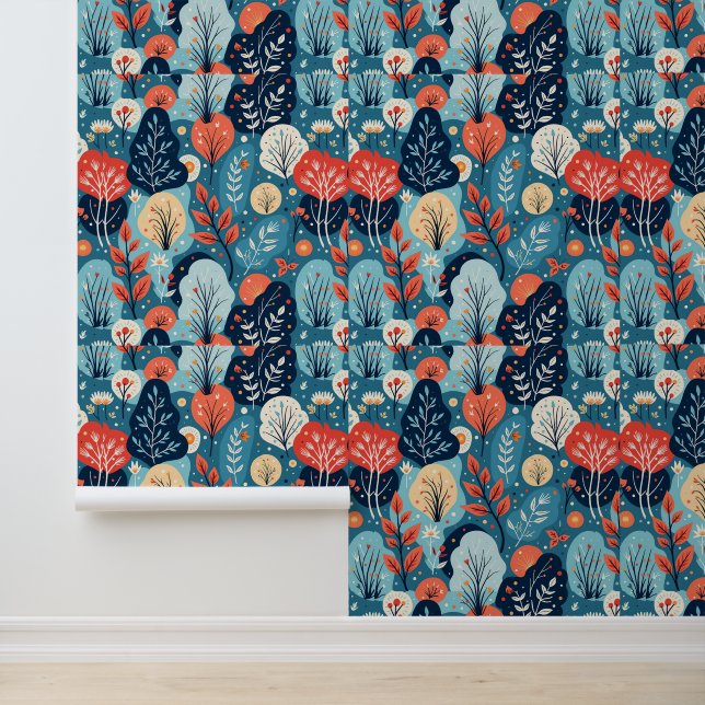 Abstract Botanical Blue and Coral Pattern Wallpaper (Application)