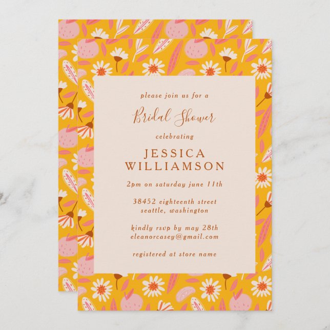 Abstract Botanical Fruit in Yellow Bridal Shower Invitation (Front/Back)