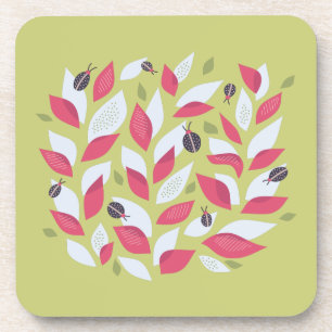 Abstract Botanical Pink Leaves Ladybugs Spring Coaster
