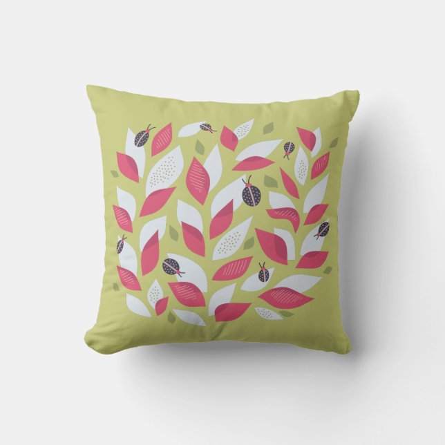 Abstract Botanical Pink Leaves Ladybugs Spring Cushion (Front)