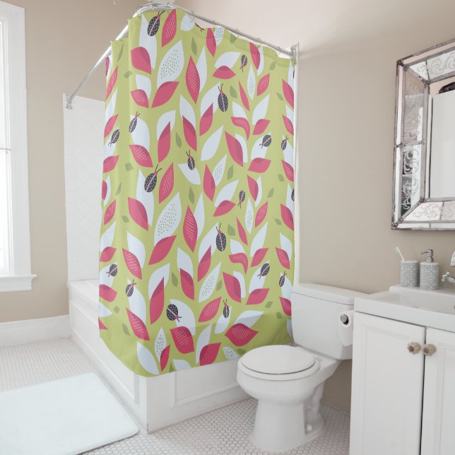 Abstract Botanical Pink Leaves Ladybugs Spring Shower Curtain (In Situ)