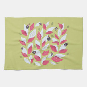 Abstract Botanical Pink Leaves Ladybugs Spring Tea Towel