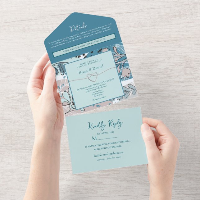 Abstract Botanical Teal Wedding All In One Invitation (Tearaway)