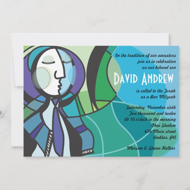 Abstract Boy with Tallis Bar Mitzvah Invitation (Front)