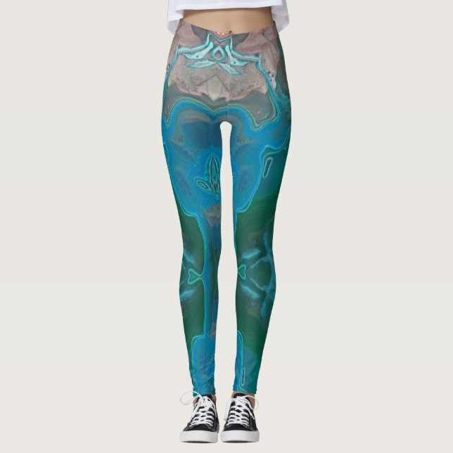Abstract Bright Blue Green Swirled Gemstone Leggings (Front)