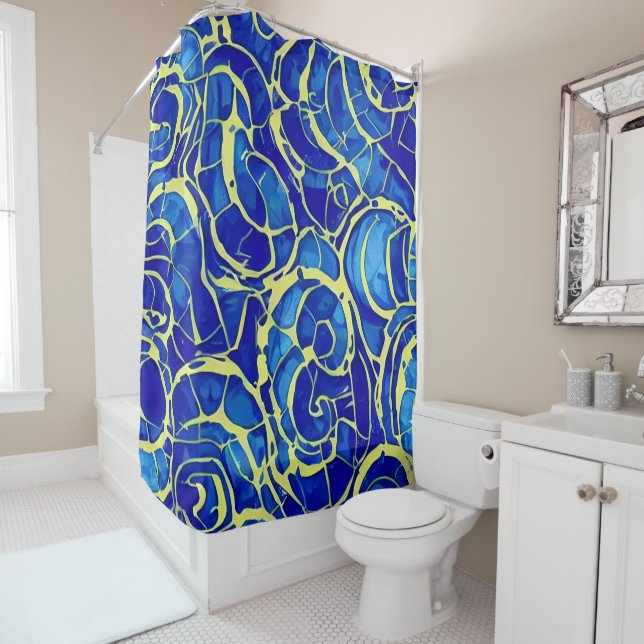 Abstract Bright Blue Mosiac Pattern Shower Curtain (In Situ)