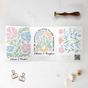 Abstract Bright Colourful Floral Wedding Details Tri-Fold Invitation