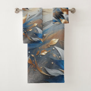 Abstract Bronze and Blue Leaf Print Towel Set