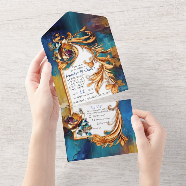 Abstract bronze, gold-blue Baroque style All In One Invitation (Tearaway)