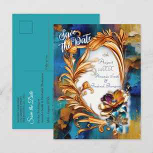 Abstract bronze, gold-blue Baroque style Announcement Postcard