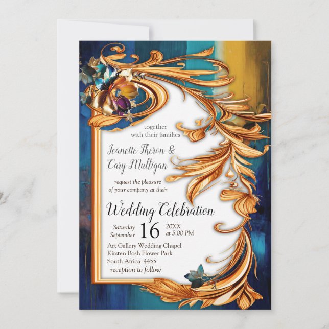 Abstract bronze, gold-blue Baroque style  Invitation (Front)