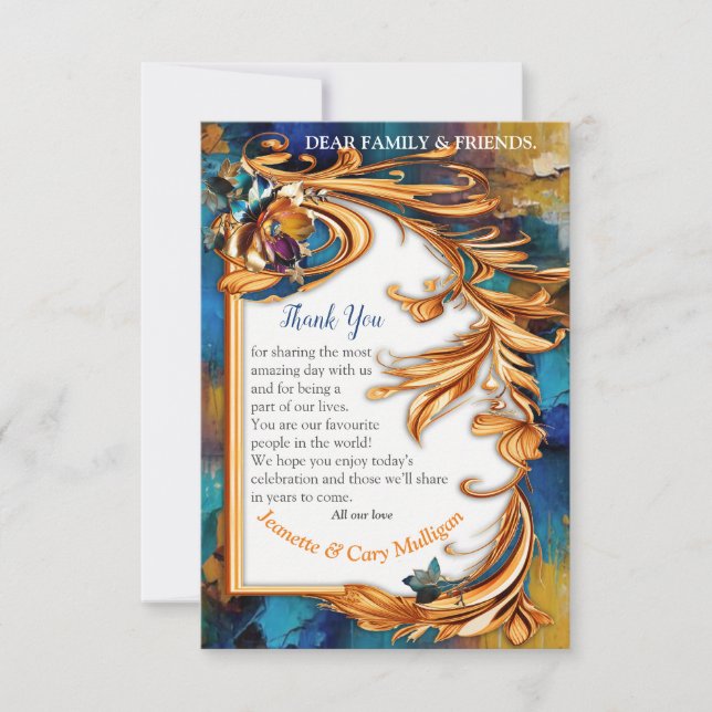 Abstract bronze, gold-blue baroque style  RSVP card (Front)