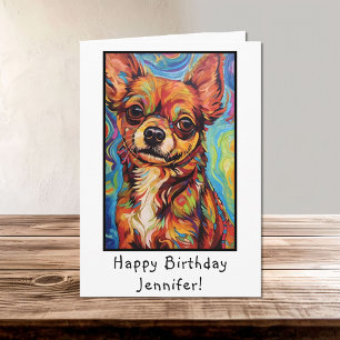 Abstract Brown Chihuahua Dog Happy Birthday Name Card
