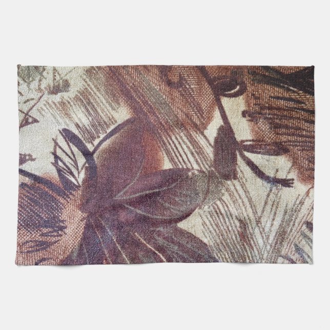 Abstract Brown Floral Design 1 Tea Towel (Horizontal)