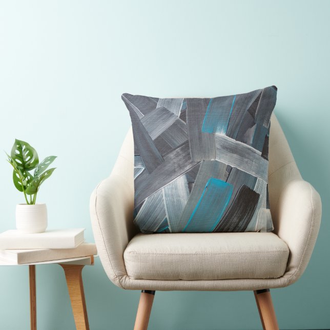 Abstract Brush Strokes in Blue, Grey, and Black Cushion (Chair)