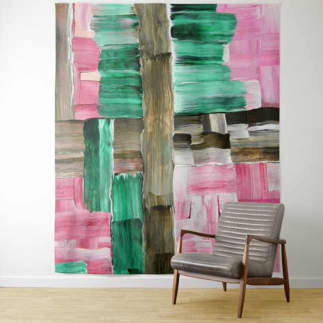 Abstract Brush Strokes in Green, Pink, and Brown Tapestry (In Situ)