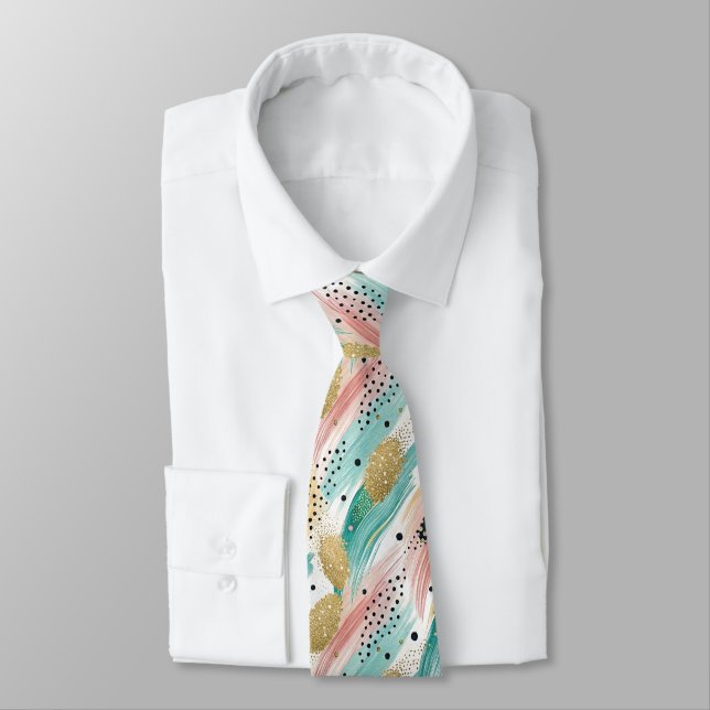 Abstract Brushstroke & Dot Pattern - Gold Accent 2 Tie (Tied)