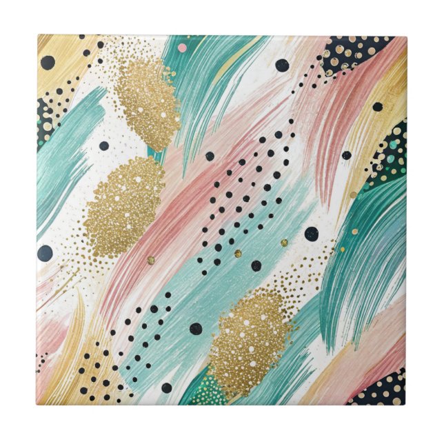 Abstract Brushstroke & Dot Pattern - Gold Accent 2 Tile (Front)