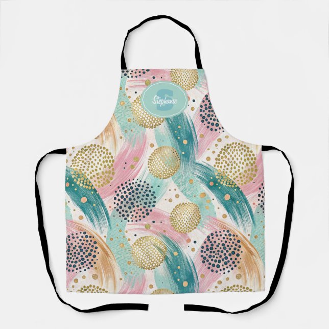 Abstract Brushstroke & Dot Pattern - Gold Accents Apron (Front)