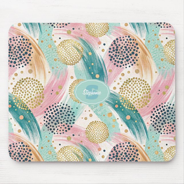 Abstract Brushstroke & Dot Pattern - Gold Accents Mouse Pad (Front)