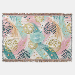 Abstract Brushstroke & Dot Pattern - Gold Accents Throw Blanket