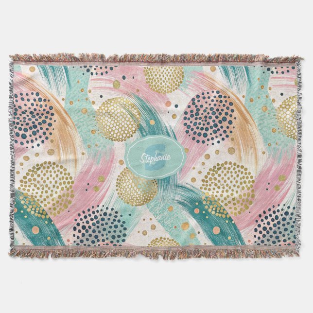 Abstract Brushstroke & Dot Pattern - Gold Accents Throw Blanket (Front)