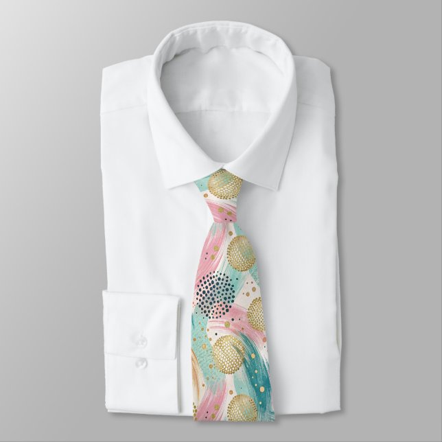 Abstract Brushstroke & Dot Pattern - Gold Accents Tie (Tied)