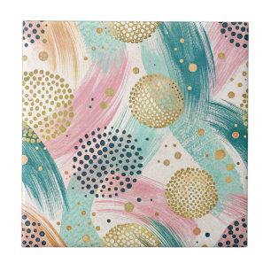 Abstract Brushstroke & Dot Pattern - Gold Accents Tile