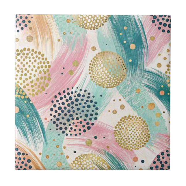 Abstract Brushstroke & Dot Pattern - Gold Accents Tile (Front)