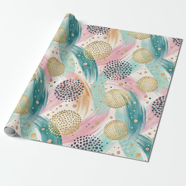 Abstract Brushstroke & Dot Pattern - Gold Accents Wrapping Paper (Unrolled)
