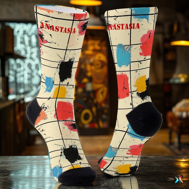 Abstract Brushstroke Socks with Modern Grid Design (Creator Uploaded)