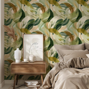 Abstract Brushstroke Wallpaper Green & Beige
