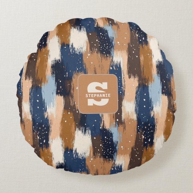 Abstract Brushstrokes in Blue, White & Brown (2) Round Cushion (Front)