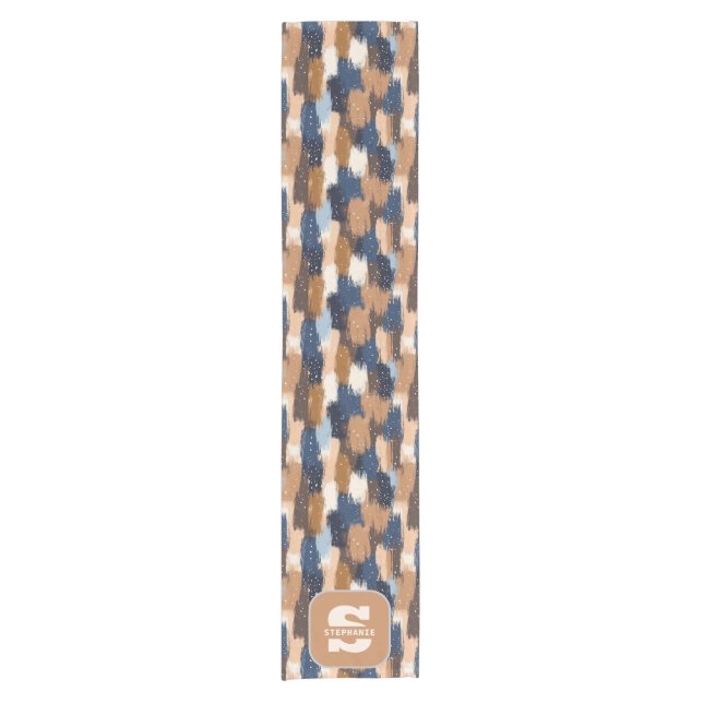 Abstract Brushstrokes in Blue, White & Brown (2) Short Table Runner (Front)