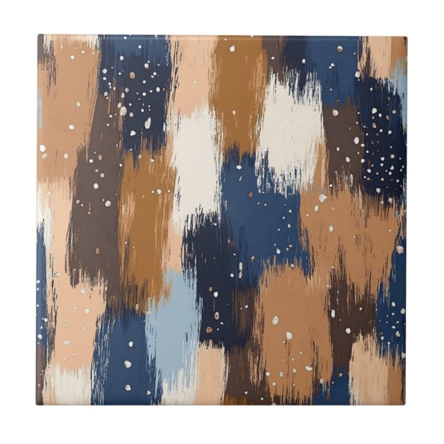Abstract Brushstrokes in Blue, White & Brown (2) Tile (Front)