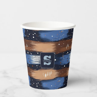 Abstract Brushstrokes in Blue, White & Brown (3) Paper Cups