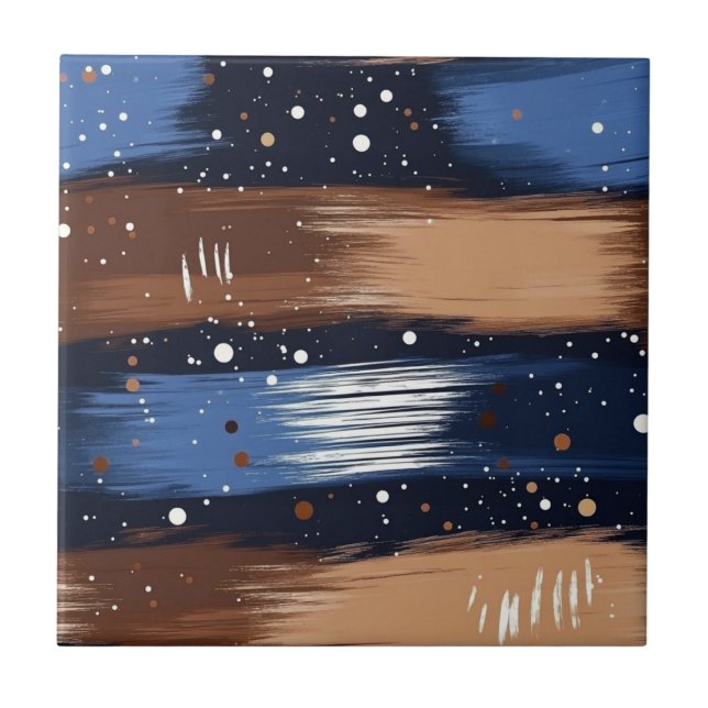 Abstract Brushstrokes in Blue, White & Brown (3) Tile (Front)