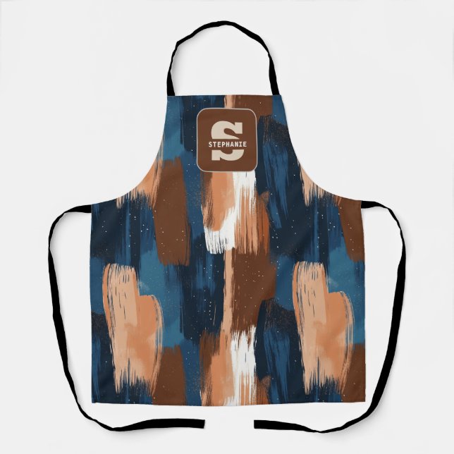 Abstract Brushstrokes in Blue, White & Brown Apron (Front)