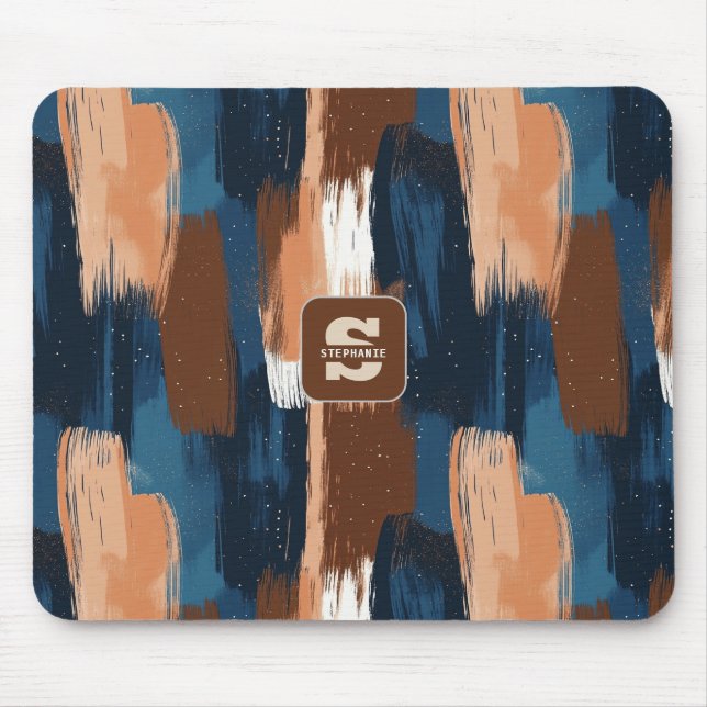Abstract Brushstrokes in Blue, White & Brown Mouse Pad (Front)