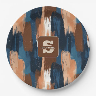 Abstract Brushstrokes in Blue, White & Brown Paper Plate