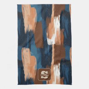 Abstract Brushstrokes in Blue, White & Brown Tea Towel