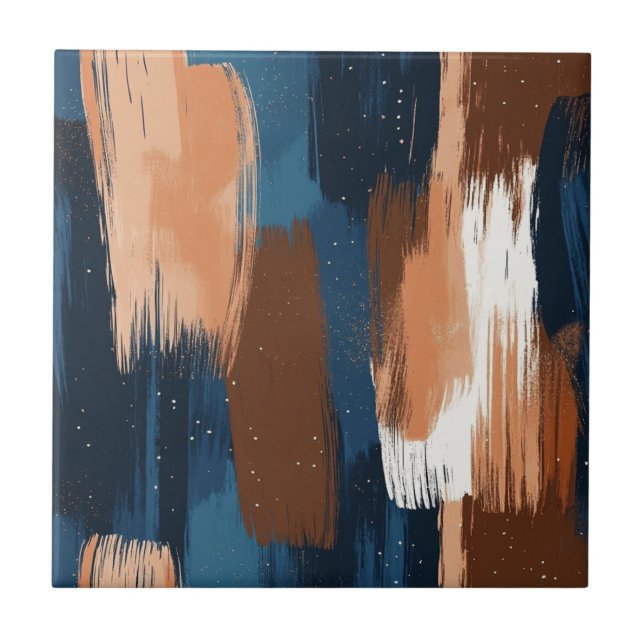Abstract Brushstrokes in Blue, White & Brown Tile (Front)